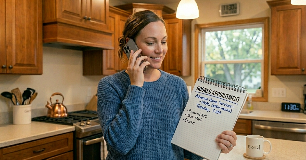 A homeowner on the phone in a kitchen looking calm and satisfied while holding a notepad with a booked appointment written on it — representing a positive customer experience with an after-hours call handled quickly and professionally in a home service context.