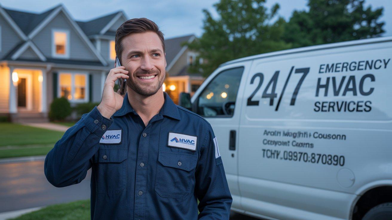 An HVAC technician in a work uniform answers a phone call while standing next to a service van, representing an AI receptionist handling after-hours home service calls for contractors.