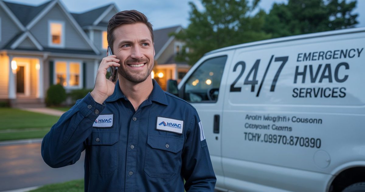 An HVAC technician in a work uniform answers a phone call while standing next to a service van, representing an AI receptionist handling after-hours home service calls for contractors.