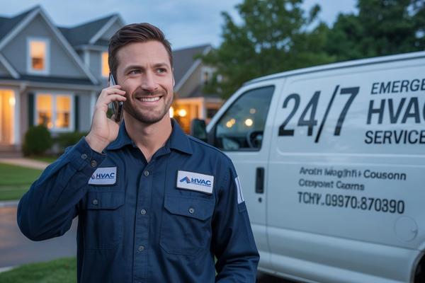 An HVAC technician in a work uniform answers a phone call while standing next to a service van, representing an AI receptionist handling after-hours home service calls for contractors.