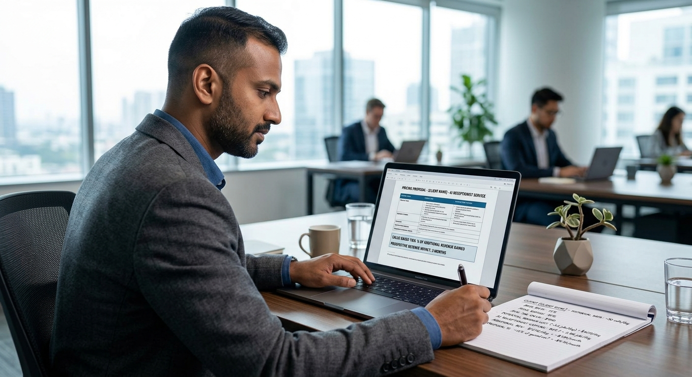 A consultant or agency owner reviewing a pricing proposal on a laptop next to a notepad showing revenue calculations — representing the process of building a value-based pricing strategy for AI receptionist services sold to home service business clients.