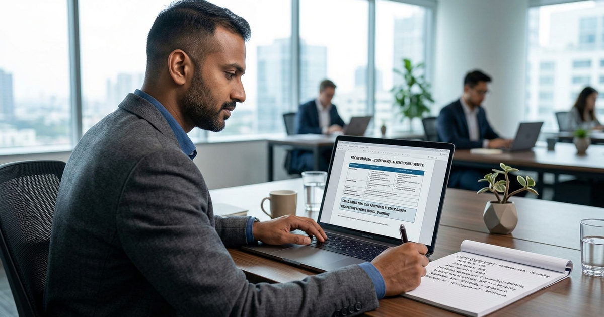 A consultant or agency owner reviewing a pricing proposal on a laptop next to a notepad showing revenue calculations — representing the process of building a value-based pricing strategy for AI receptionist services sold to home service business clients.