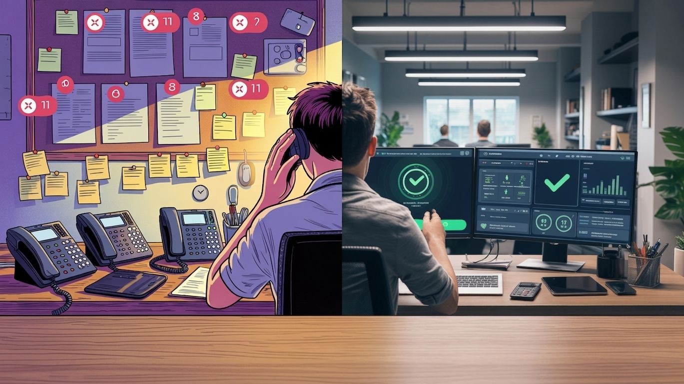 A home service dispatcher at a desk looking stressed, surrounded by ringing phones and unanswered voicemails, with a split-screen showing a calm, organized office using AI-powered call management — illustrating the contrast between missed revenue and captured leads.