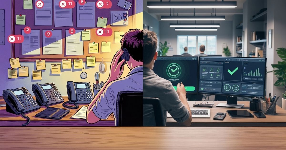 A home service dispatcher at a desk looking stressed, surrounded by ringing phones and unanswered voicemails, with a split-screen showing a calm, organized office using AI-powered call management — illustrating the contrast between missed revenue and captured leads.