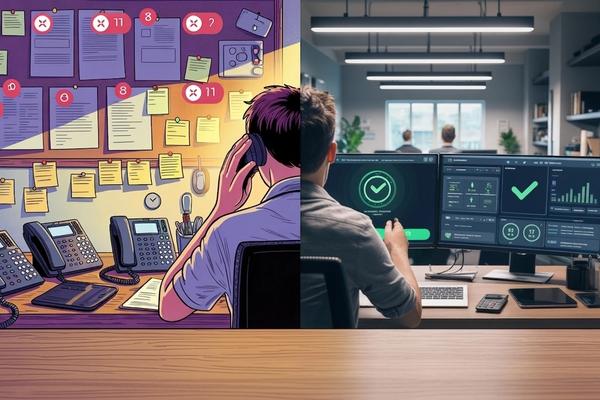A home service dispatcher at a desk looking stressed, surrounded by ringing phones and unanswered voicemails, with a split-screen showing a calm, organized office using AI-powered call management — illustrating the contrast between missed revenue and captured leads.