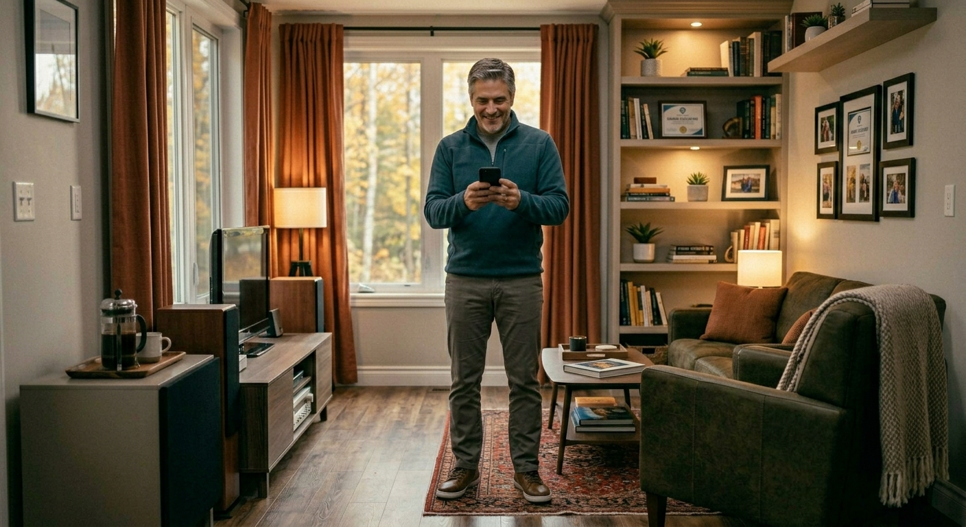 A smiling homeowner on the phone with a home service company, feeling recognized and valued as a returning customer, representing the revenue impact of customer retention and repeat business in HVAC, plumbing, and roofing.