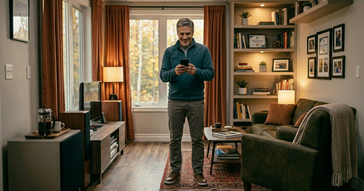 A smiling homeowner on the phone with a home service company, feeling recognized and valued as a returning customer, representing the revenue impact of customer retention and repeat business in HVAC, plumbing, and roofing.