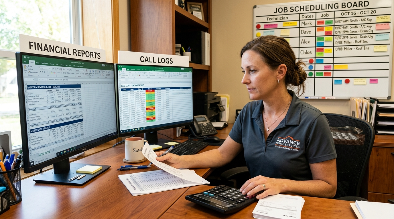 A home service business owner reviewing financial reports and call logs side by side at a desk, with a calculator and a job scheduling board visible in the background — representing the process of calculating missed call revenue and ROI in an HVAC, plumbing, or roofing operation.