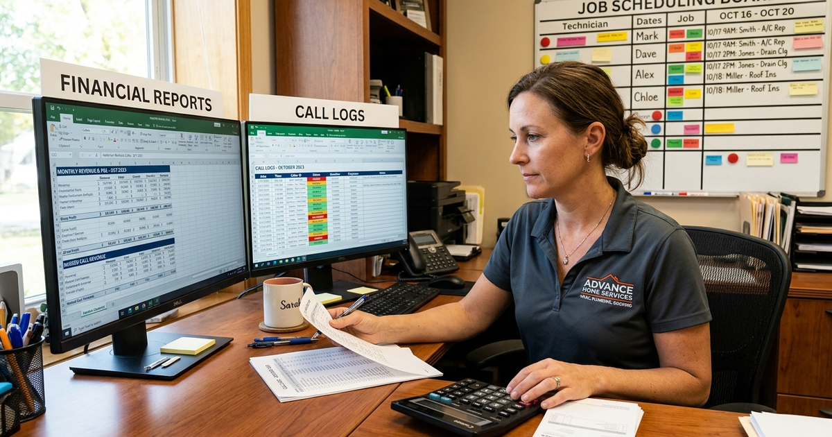A home service business owner reviewing financial reports and call logs side by side at a desk, with a calculator and a job scheduling board visible in the background — representing the process of calculating missed call revenue and ROI in an HVAC, plumbing, or roofing operation.