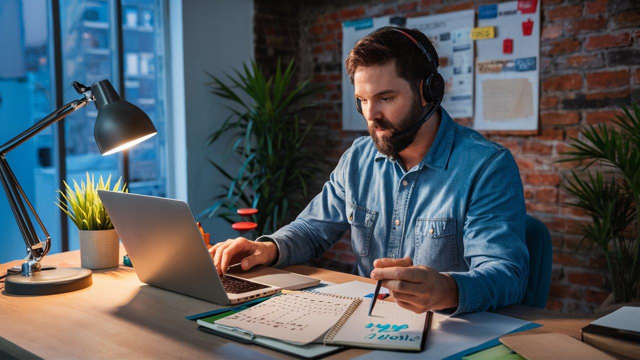 An HVAC contractor sitting at a desk reviewing a job booking calendar on a laptop showing a measurably fuller schedule after the first month of using AI call handling — with a notepad showing a revenue comparison between before and after deployment — illustrating the realistic first-month outcomes home service business owners can expect from AI receptionist implementation.