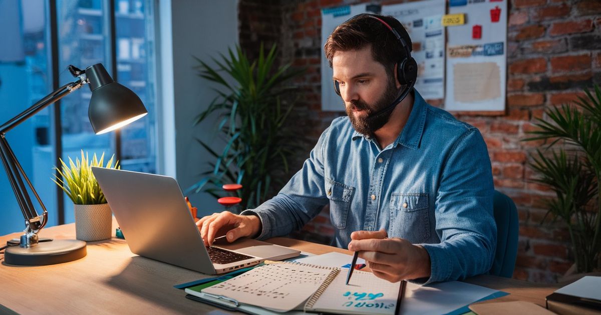An HVAC contractor sitting at a desk reviewing a job booking calendar on a laptop showing a measurably fuller schedule after the first month of using AI call handling — with a notepad showing a revenue comparison between before and after deployment — illustrating the realistic first-month outcomes home service business owners can expect from AI receptionist implementation.