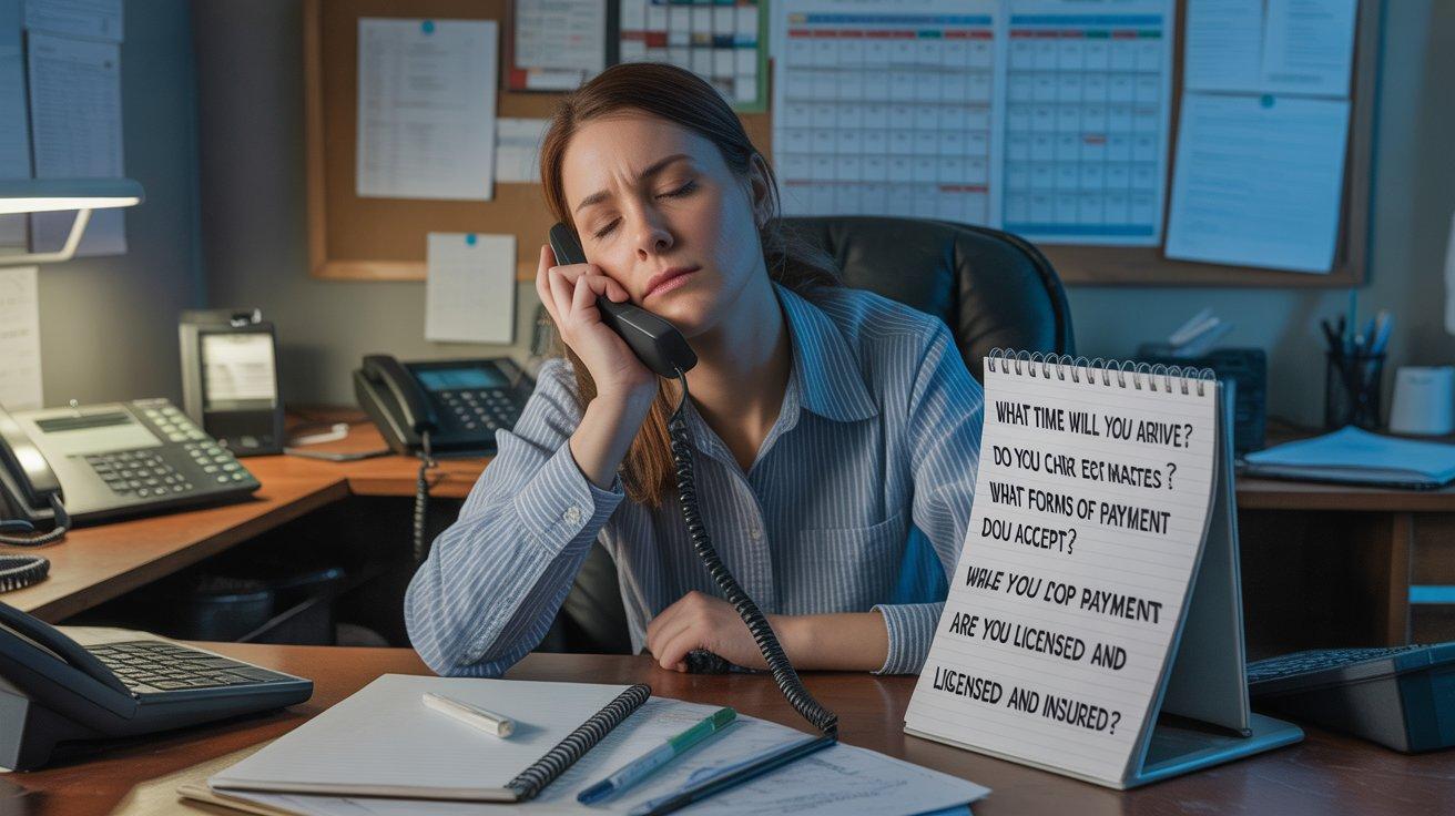 A home service dispatcher looking exhausted at her desk, phone held to her ear, eyes closed with a notepad of the same repeated questions in front of her — representing the daily drain of answering identical FAQs instead of focusing on dispatch decisions that actually move the business forward.