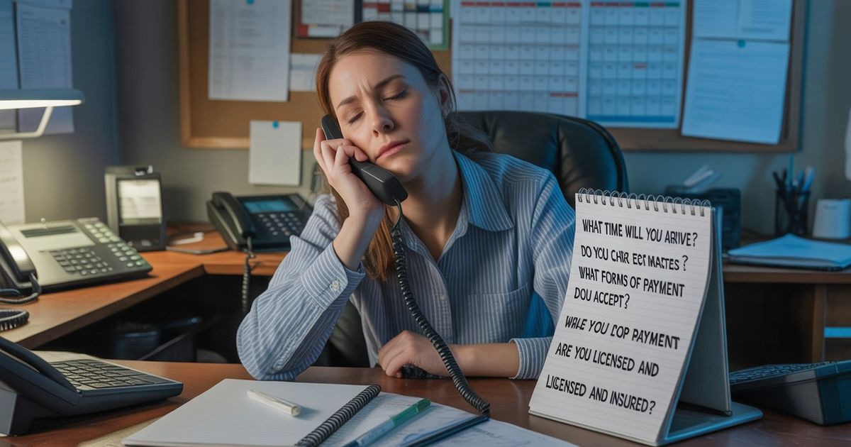 A home service dispatcher looking exhausted at her desk, phone held to her ear, eyes closed with a notepad of the same repeated questions in front of her — representing the daily drain of answering identical FAQs instead of focusing on dispatch decisions that actually move the business forward.