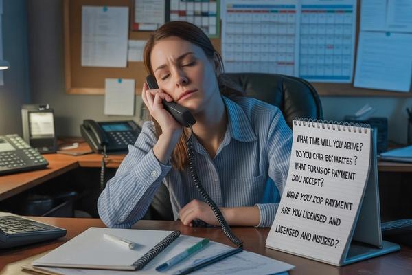 A home service dispatcher looking exhausted at her desk, phone held to her ear, eyes closed with a notepad of the same repeated questions in front of her — representing the daily drain of answering identical FAQs instead of focusing on dispatch decisions that actually move the business forward.