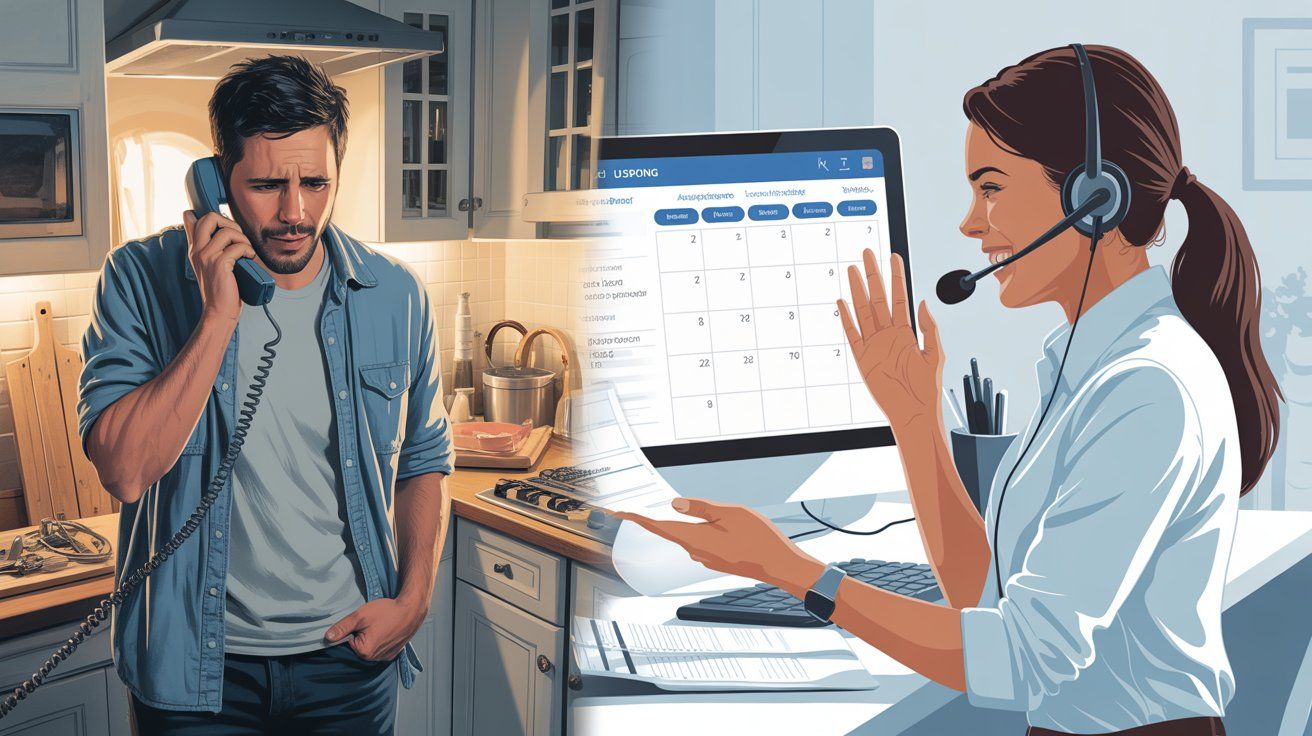 A split image showing a frustrated Spanish-speaking homeowner hanging up a phone on one side, and a calm bilingual dispatcher successfully booking an appointment on the other — representing the revenue impact of language barriers in home service businesses.