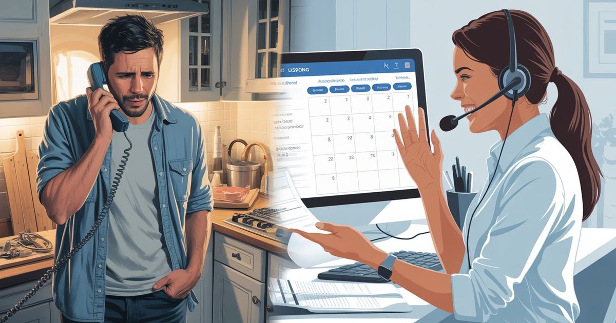 A split image showing a frustrated Spanish-speaking homeowner hanging up a phone on one side, and a calm bilingual dispatcher successfully booking an appointment on the other — representing the revenue impact of language barriers in home service businesses.