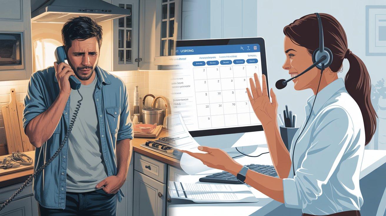 A split image showing a frustrated Spanish-speaking homeowner hanging up a phone on one side, and a calm bilingual dispatcher successfully booking an appointment on the other — representing the revenue impact of language barriers in home service businesses.