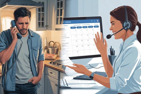 A split image showing a frustrated Spanish-speaking homeowner hanging up a phone on one side, and a calm bilingual dispatcher successfully booking an appointment on the other — representing the revenue impact of language barriers in home service businesses.