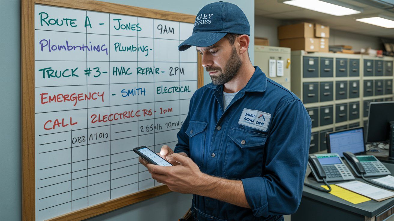 A home service contractor in work gear reviewing call logs on a phone next to a dispatching office whiteboard covered in scheduled jobs and truck routes.