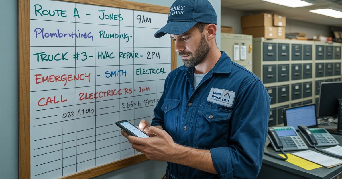 A home service contractor in work gear reviewing call logs on a phone next to a dispatching office whiteboard covered in scheduled jobs and truck routes.