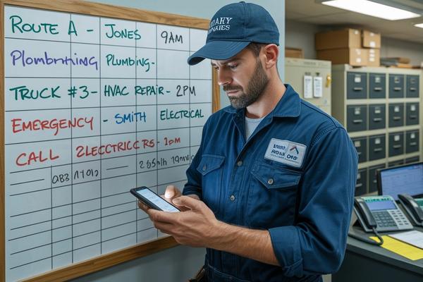 A home service contractor in work gear reviewing call logs on a phone next to a dispatching office whiteboard covered in scheduled jobs and truck routes.