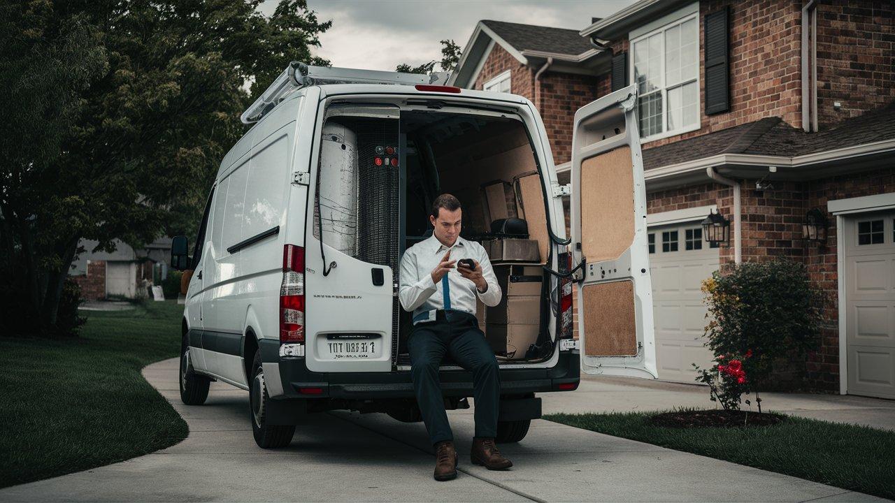 An HVAC technician sitting in a service van parked in a driveway with no one home, checking his phone to see a missed confirmation — illustrating the cost of a no-show appointment for home service contractors when automated confirmations aren't in place.