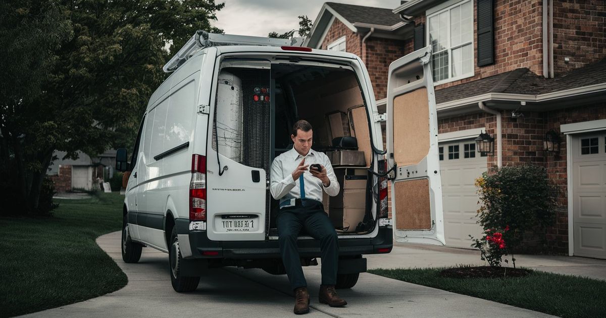 An HVAC technician sitting in a service van parked in a driveway with no one home, checking his phone to see a missed confirmation — illustrating the cost of a no-show appointment for home service contractors when automated confirmations aren't in place.