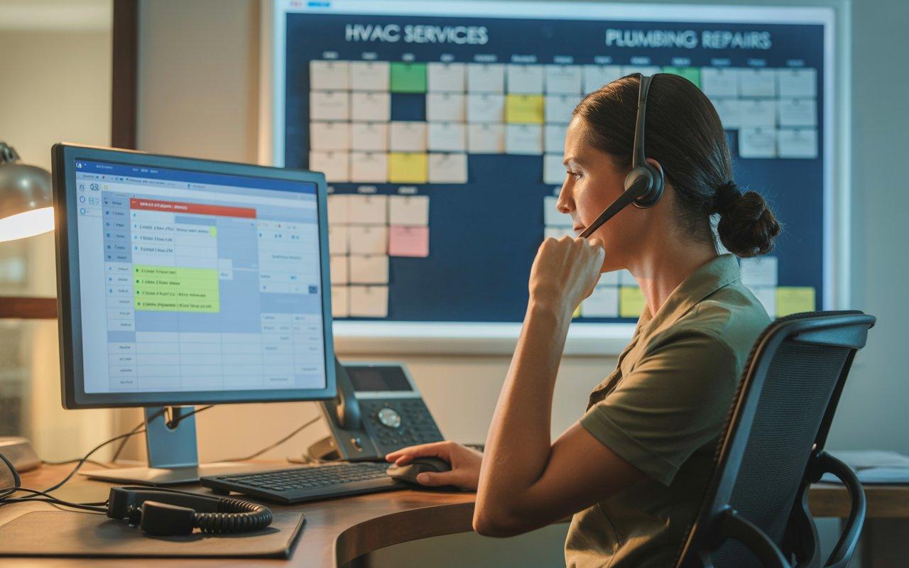A home service dispatcher calmly reviewing a flagged call on a computer screen, with a phone headset resting on the desk and a job scheduling board visible in the background — representing a smooth handoff between automated call handling and a live team member in an HVAC or plumbing business.