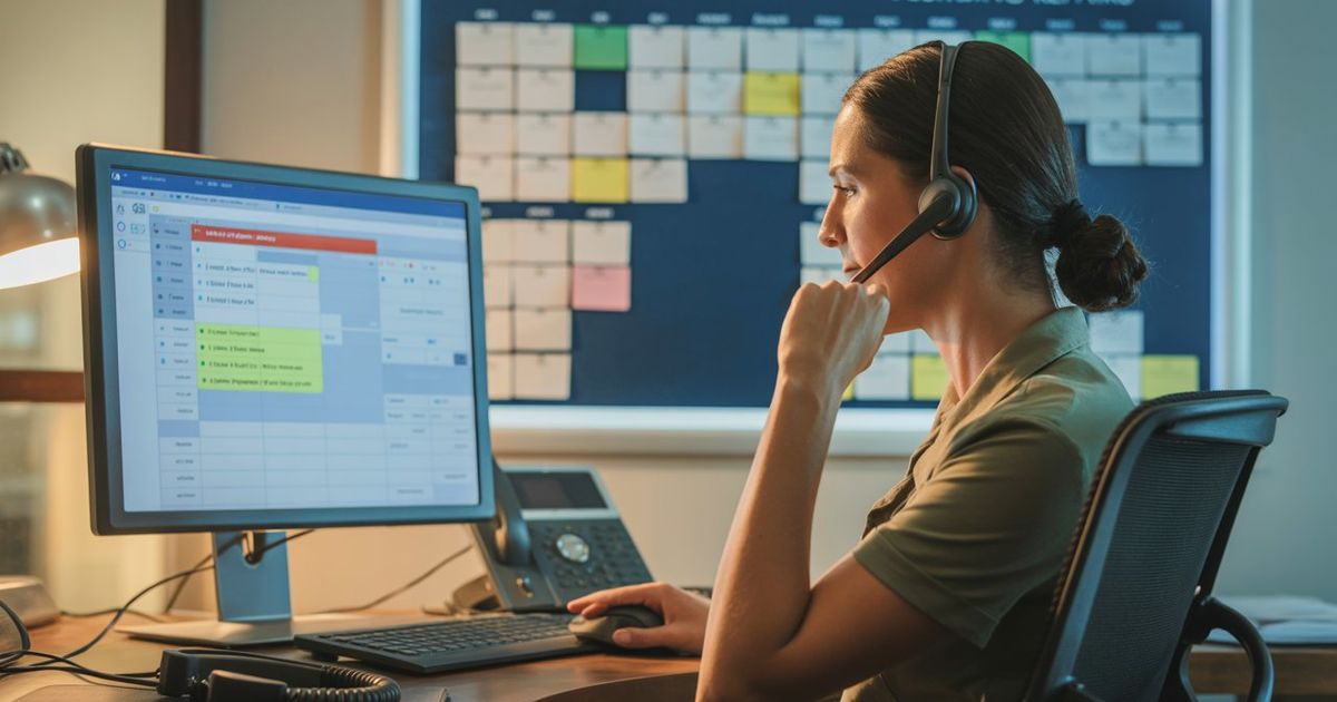 A home service dispatcher calmly reviewing a flagged call on a computer screen, with a phone headset resting on the desk and a job scheduling board visible in the background — representing a smooth handoff between automated call handling and a live team member in an HVAC or plumbing business.