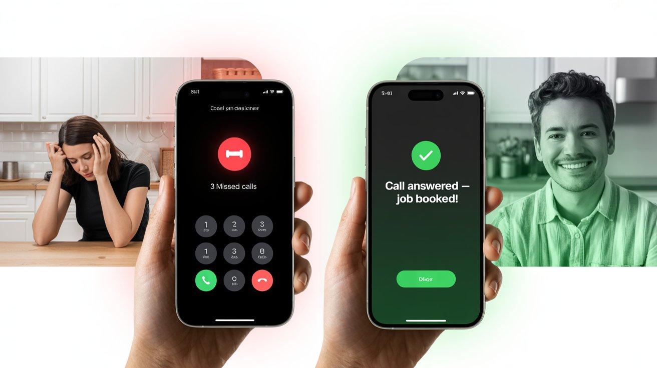 A split image showing two phones side by side: one displaying a missed call notification with a voicemail icon and a frustrated homeowner on the other end, and the other showing a "call answered — job booked" confirmation screen — representing the gap between unreliable phone coverage and a properly deployed AI receptionist capturing every inbound lead.