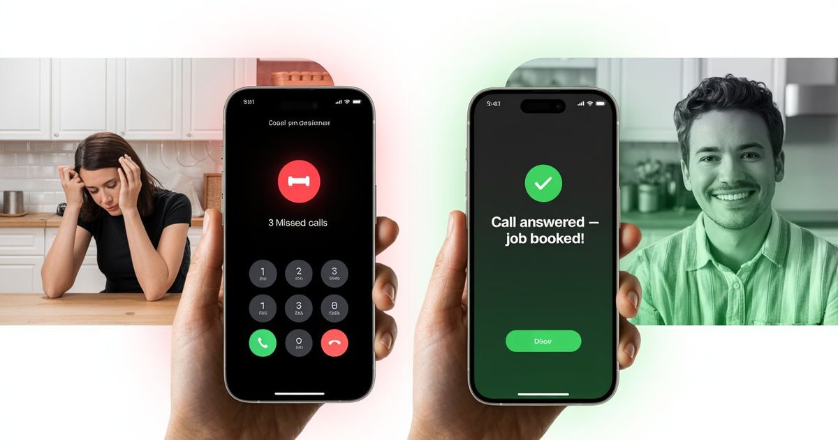 A split image showing two phones side by side: one displaying a missed call notification with a voicemail icon and a frustrated homeowner on the other end, and the other showing a "call answered — job booked" confirmation screen — representing the gap between unreliable phone coverage and a properly deployed AI receptionist capturing every inbound lead.
