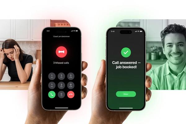 A split image showing two phones side by side: one displaying a missed call notification with a voicemail icon and a frustrated homeowner on the other end, and the other showing a "call answered — job booked" confirmation screen — representing the gap between unreliable phone coverage and a properly deployed AI receptionist capturing every inbound lead.