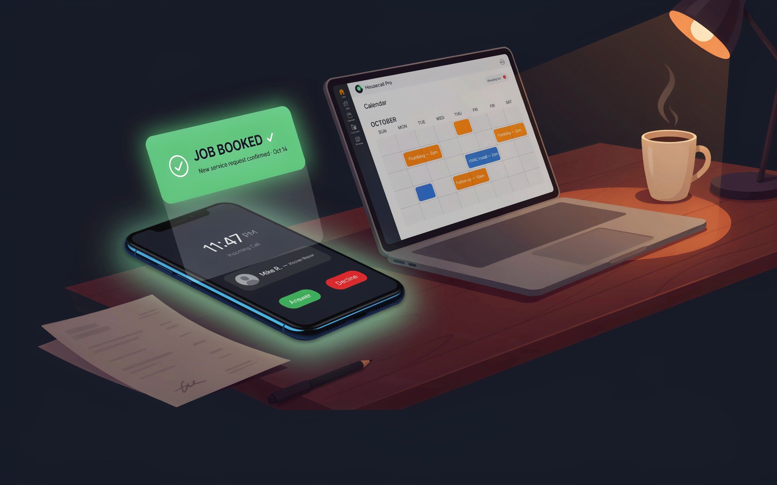 HVAC contractor booking a job through AI answering service integrated with Housecall Pro at night