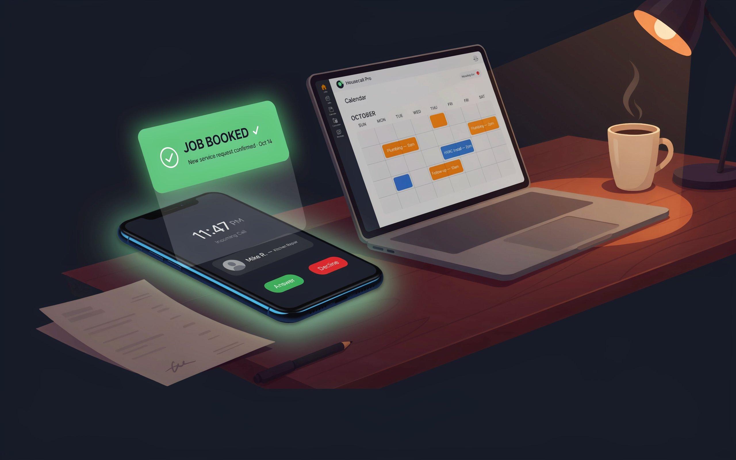 HVAC contractor booking a job through AI answering service integrated with Housecall Pro at night