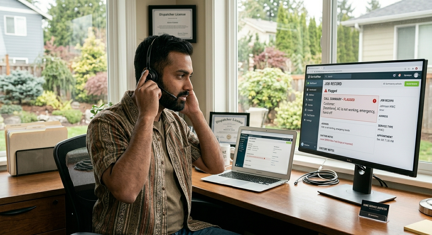 A home service dispatcher at a desk putting on a headset and reviewing a flagged call summary on a screen — representing the moment a call is handed off from an automated intake system to a live team member in an HVAC or plumbing operation.