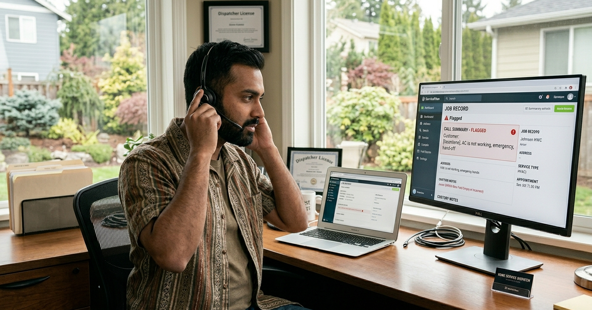 A home service dispatcher at a desk putting on a headset and reviewing a flagged call summary on a screen — representing the moment a call is handed off from an automated intake system to a live team member in an HVAC or plumbing operation.