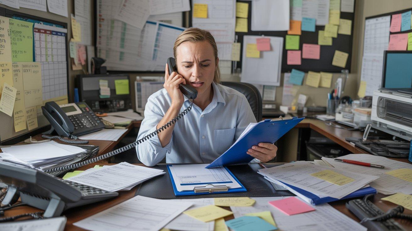 A frustrated home service dispatcher at a cluttered desk, phone in one hand and dispatch board in the other, surrounded by sticky notes of rescheduling requests — representing the operational chaos that unmanaged rescheduling creates for HVAC, plumbing, electrical, and roofing businesses.