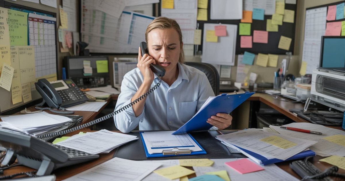 A frustrated home service dispatcher at a cluttered desk, phone in one hand and dispatch board in the other, surrounded by sticky notes of rescheduling requests — representing the operational chaos that unmanaged rescheduling creates for HVAC, plumbing, electrical, and roofing businesses.