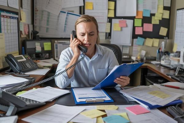 A frustrated home service dispatcher at a cluttered desk, phone in one hand and dispatch board in the other, surrounded by sticky notes of rescheduling requests — representing the operational chaos that unmanaged rescheduling creates for HVAC, plumbing, electrical, and roofing businesses.
