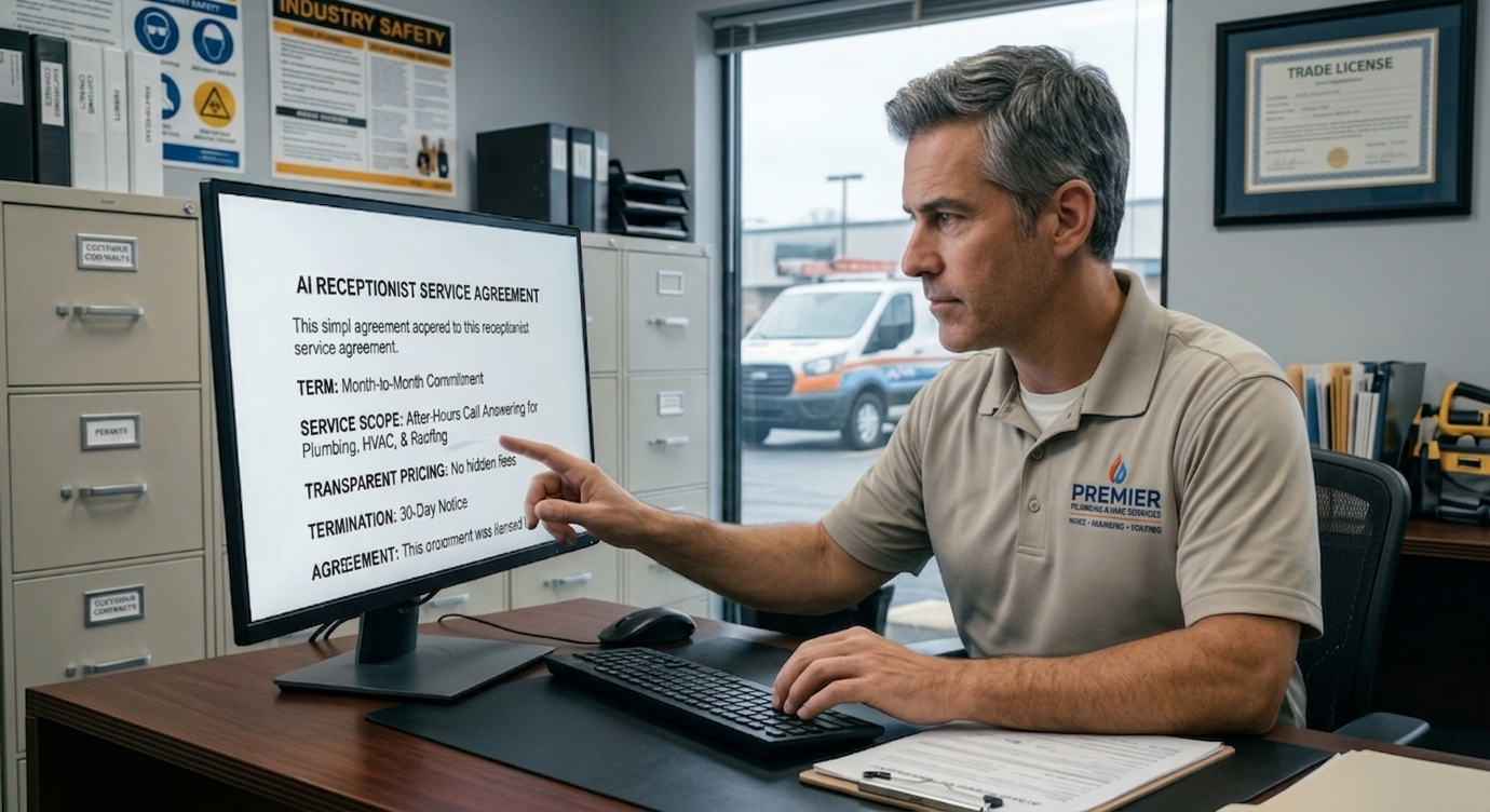 A home service business owner carefully reviewing a simple agreement at his desk, representing the importance of transparent, commitment terms when evaluating an AI receptionist for an HVAC, plumbing, or roofing business.