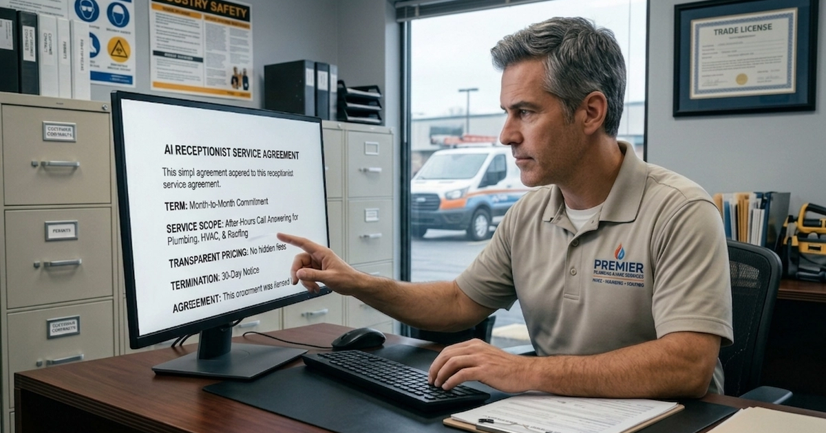 A home service business owner carefully reviewing a simple agreement at his desk, representing the importance of transparent, commitment terms when evaluating an AI receptionist for an HVAC, plumbing, or roofing business.