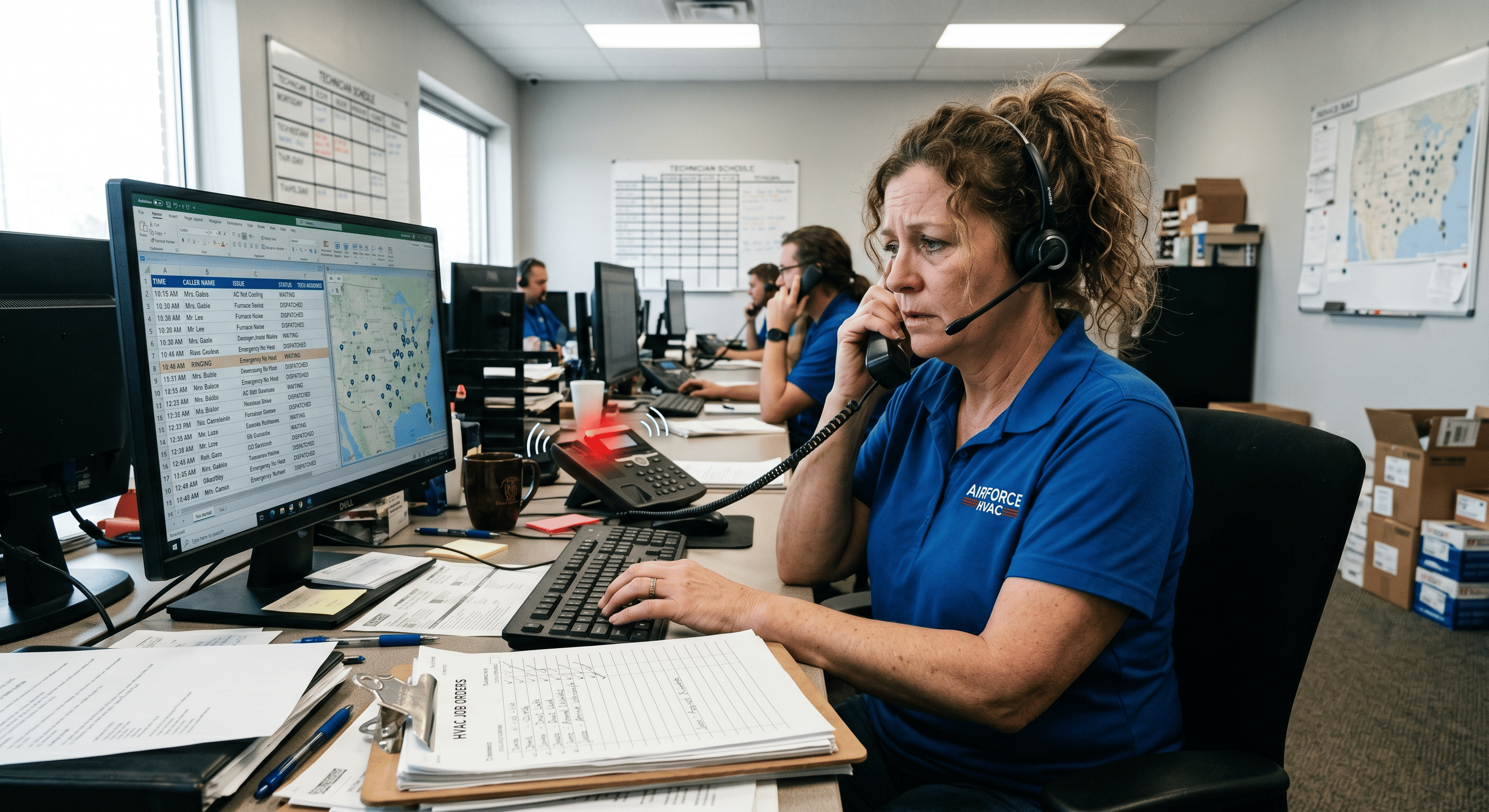 A busy HVAC dispatcher at a desk surrounded by ringing phones, a computer screen showing a call log, and a clipboard with job orders — representing the overloaded home service office environment that AI receptionists are designed to support.