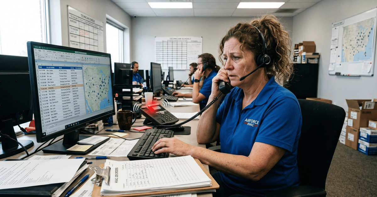 A busy HVAC dispatcher at a desk surrounded by ringing phones, a computer screen showing a call log, and a clipboard with job orders — representing the overloaded home service office environment that AI receptionists are designed to support.
