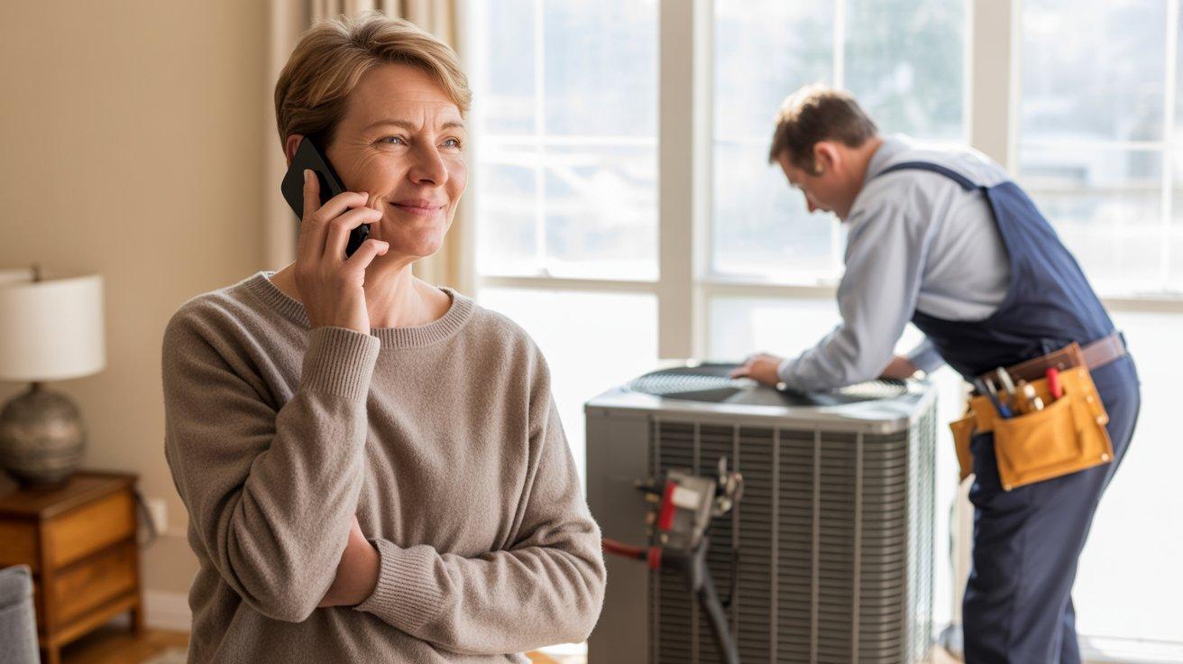 A homeowner holding a smartphone to their ear with a calm, satisfied expression, while in the background an HVAC technician works on a unit — representing a positive, seamless customer experience when calling a home service business after hours and having their call answered immediately.