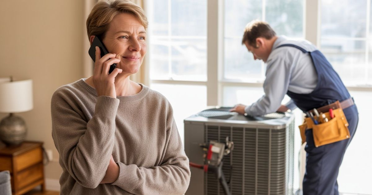 A homeowner holding a smartphone to their ear with a calm, satisfied expression, while in the background an HVAC technician works on a unit — representing a positive, seamless customer experience when calling a home service business after hours and having their call answered immediately.