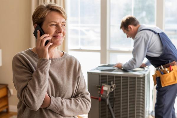 A homeowner holding a smartphone to their ear with a calm, satisfied expression, while in the background an HVAC technician works on a unit — representing a positive, seamless customer experience when calling a home service business after hours and having their call answered immediately.