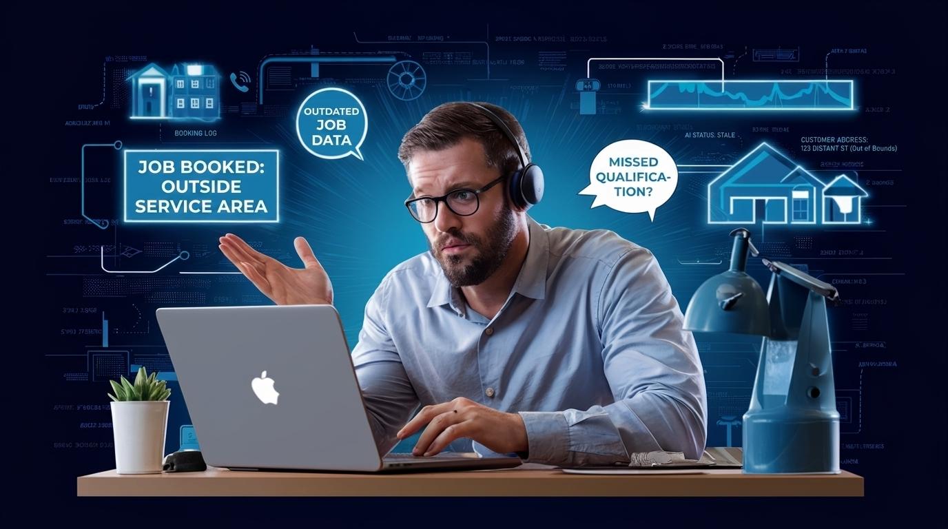 A home service business owner reviewing a call log on a laptop showing a booked job outside his service area, with a confused expression — illustrating what happens when an AI receptionist goes stale and operates on outdated business information, costing HVAC, plumbing, and roofing contractors revenue through incorrect bookings and missed qualification logic.