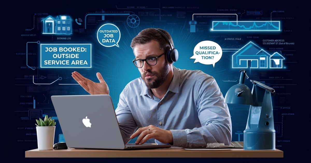 A home service business owner reviewing a call log on a laptop showing a booked job outside his service area, with a confused expression — illustrating what happens when an AI receptionist goes stale and operates on outdated business information, costing HVAC, plumbing, and roofing contractors revenue through incorrect bookings and missed qualification logic.