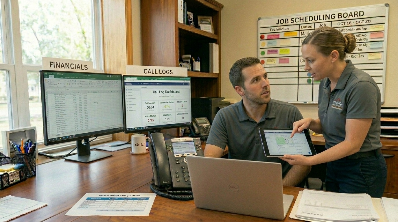 A home service business owner standing next to a dispatcher at a desk with a multi-line office phone and a laptop showing a call log dashboard — representing the moment of evaluating whether to upgrade or replace an existing phone setup in an HVAC or plumbing operation.