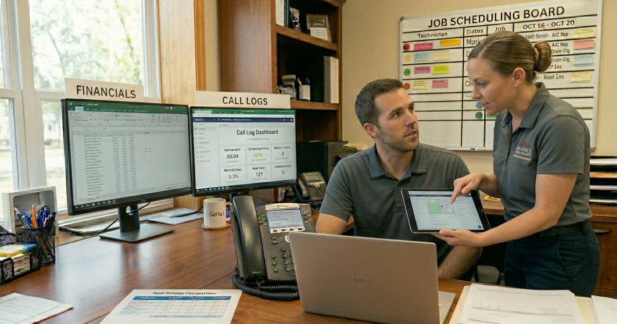 A home service business owner standing next to a dispatcher at a desk with a multi-line office phone and a laptop showing a call log dashboard — representing the moment of evaluating whether to upgrade or replace an existing phone setup in an HVAC or plumbing operation.